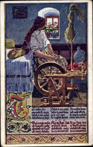 Artist PC Antos Frolka, woman in Slovak costume, spinning wheel