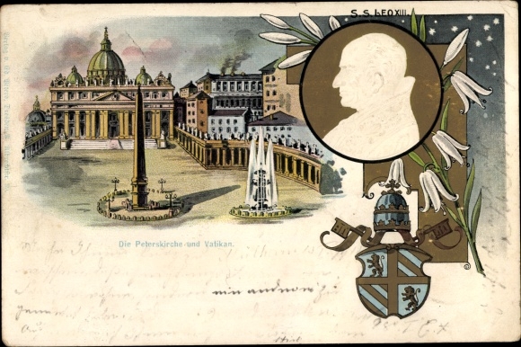 Embossed litho Vatican, Pope Leo XIII, silver jubilee, coat of arms