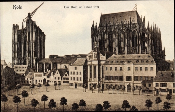 PC Cologne on the Rhine, Cologne Cathedral, year 1824, depiction, construction site, city view