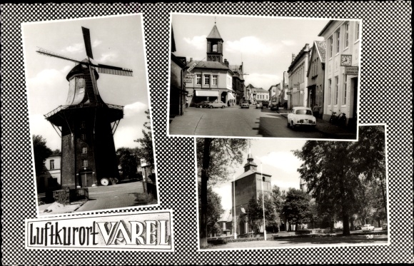 Postcard Varel in Oldenburg Jadebusen, windmill, street view, square