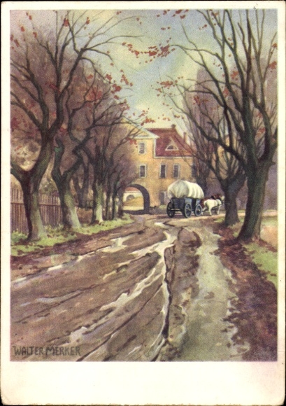 Artist Postcard Merker, Walter, Landscapes in late autumn, road, wagon