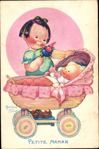 Artist Postcard Mallet, Beatrice, Petite Maman, girl with rattle, baby, stroller