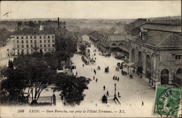 Postcard Lyon Rhône, Perrache Station, Hotel Terminus