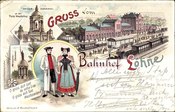 Litho Löhne in Westfalen, Kaiser Denkmal, Hermann Denkmal, Bahnhof, Gleisseite, Volkstrachten