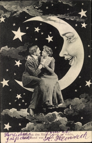 Postcard lovers sitting on a crescent moon, stars