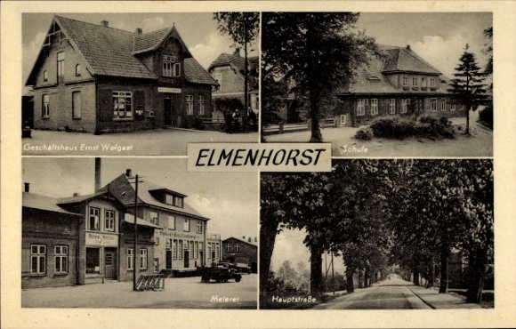 Postcard Elmenhorst in Lauenburg, Ernst Wolgast business building, dairy, school, main street