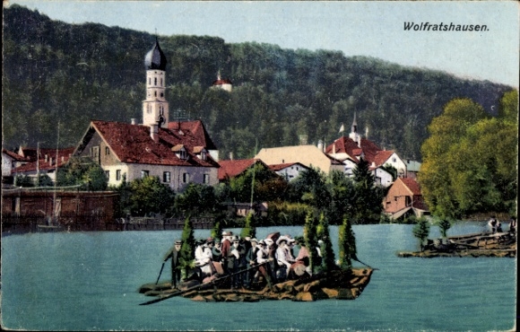 Postcard Wolfratshausen in Upper Bavaria, partial view, raftsmen