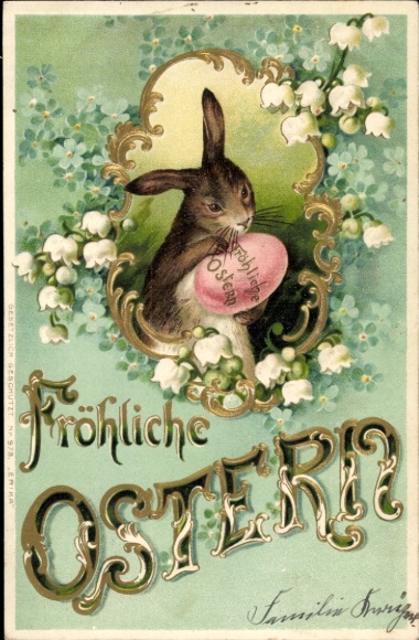 Embossing Chromo-Litho Congratulations Easter, Bunny with Easter Egg, Lily of the Valley