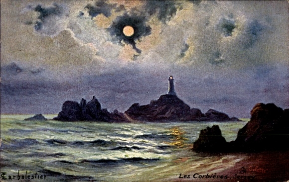 Artist Moonlight PC Jersey Channel Islands, Corbiere Lighthouse, Tuck No. 7133