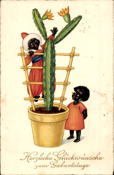 Postcard Happy Birthday, children with a cactus