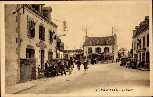 Postcard Fouesnant Finistère, Le Bourg, Straßenpartie, Hôtel des Pommiers, Au Bon Cirde