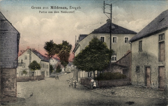 Ak Mildenau im Erzgebirge, Niederdorf, Straßenpartie