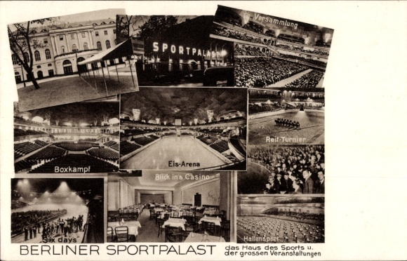 Postcard Berlin Schöneberg, Berlin Sportpalast, boxing match, ice arena, casino, horse riding tournament, indoor sports