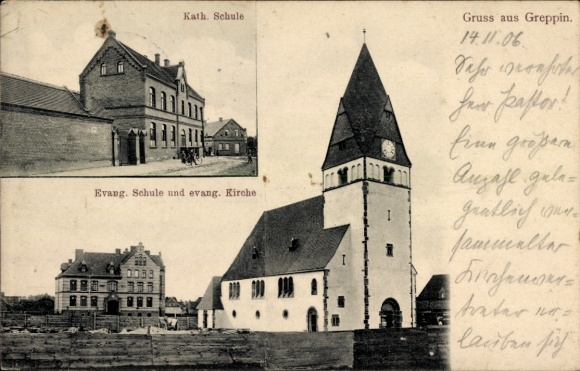 Ak Greppin Wolfen in Saksen-Anhalt, katholieke school, protestantse school, Ev. Kerk