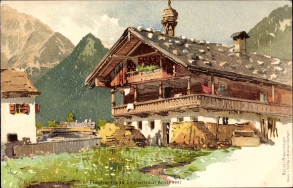 Artist Chromo-Litho Schmohl, P., Pertisau Eben am Achensee in Tirol, Fischerhaus