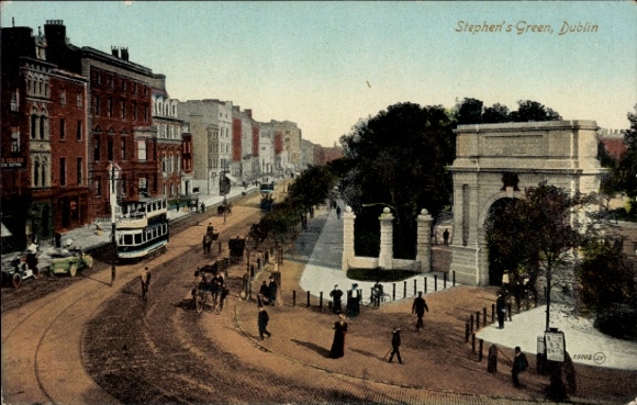 KP Dublin Irlandia, Stephen's Green, widok z ulicy, tramwaj, architektura