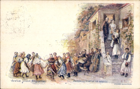 Ganzsachen Künstler Litho Balassagyarmat Nógrád Ungarn, Aratasi jelenet Nogradban, Fest, Instrumente