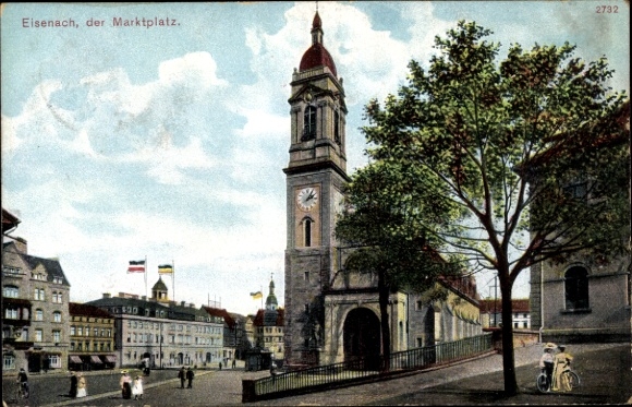 Postcard Lutherstadt Eisenach Thuringia, Hellthal, market square, city view, clock tower, trees, buildings,