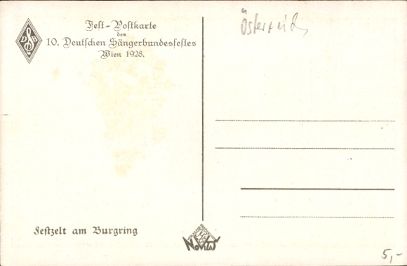 Coat of arms artist Postcard Schüle, Vienna I Innere Stadt, festival tent at Burgring, 10th German Singers' Federation Festival