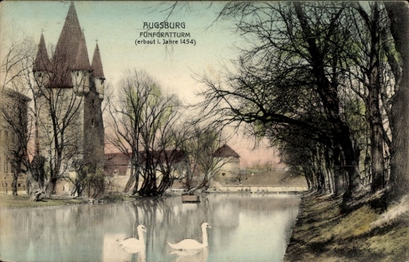 Postcard Augsburg in Swabia, Fünfgratturm, built in 1454, river with swans, trees