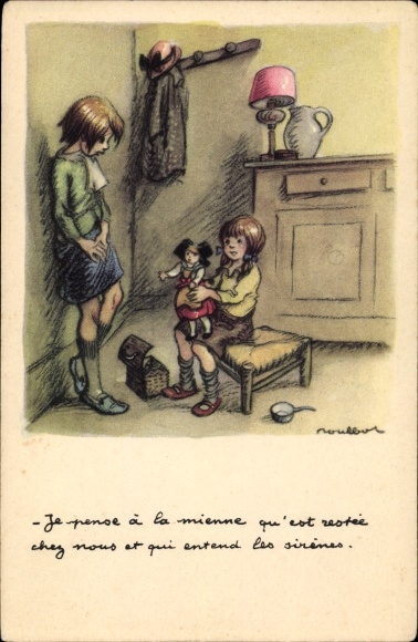 Artist PC Poulbot, Francisque, children, girls with doll, Ligue national contre le taudis
