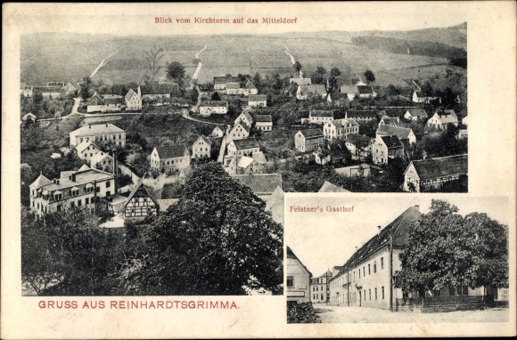 Postcard Reinhardtsgrimma Glashütte in the Eastern Ore Mountains, view from the church tower, Feistner&#39;s Gasthof