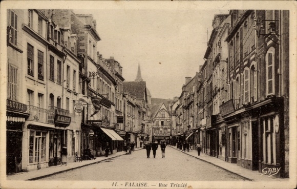 Postcard Falaise Calvados, Rue Trinité, Lacour, shops, passers-by