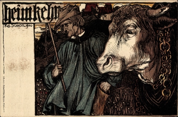 Artist Chromo-Litho Schiestl, R. v., homecoming, farmer with cattle