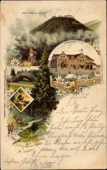 Litho Brotterode Trusetal in Thüringen, Inselsberg, Thorstein, Gothaisches Hotel, Zwerg