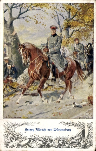 Artist Postcard Duke Albrecht of Württemberg, On a Horse, Battle, I. WK