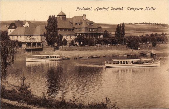 Postcard Paulsdorf Dippoldiswalde in the Eastern Ore Mountains, Gasthof Seeblick, Malter Dam, ships