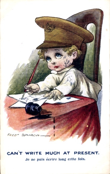 Artist Postcard Spurgin, Fred, Boy in British uniform writes a letter
