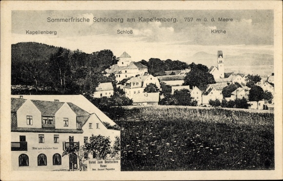 Postcard Schönberg am Kapellenberg Bad Brambach in Vogtland, castle, church, hotel at the German House