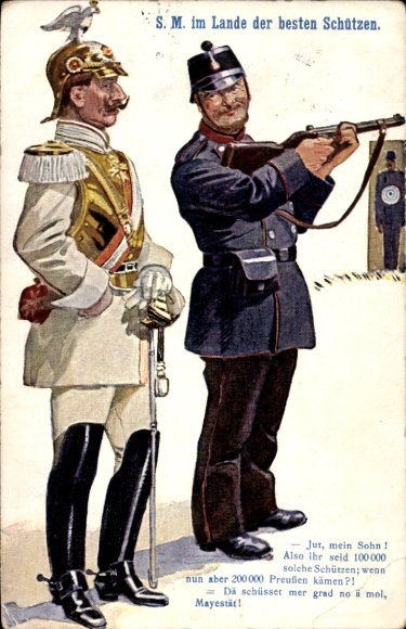 Postcard His Majesty in the country of the best marksmen, Kaiser Wilhelm II, visit to Switzerland, soldier