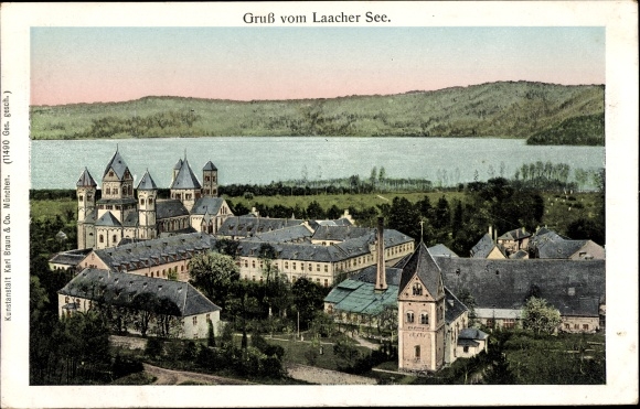 Golden Windows illuminated window Postcard Maria Laach Glees, castle on Lake Laach