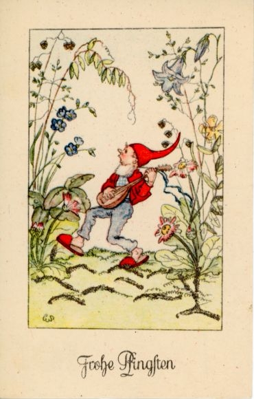 Artist Postcard Scherbauer, Luise, Congratulations Pentecost, Musical Dwarf, Flowers