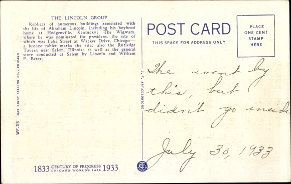 Postcard Chicago Illinois USA, The Lincoln Group, World's Fair, 1933