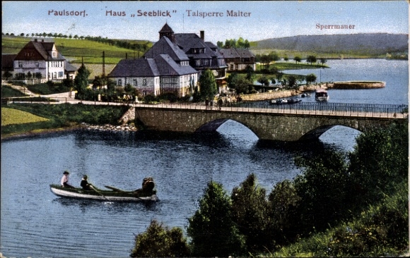 Postcard Malter Dippoldiswalde, Malter dam, Seeblick house, Paulsdorf, barrier wall, rowing boat