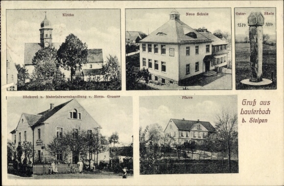 PC Lauterbach Stolpen in Saxony, church, new school, Easter column, parish, bakery and shop