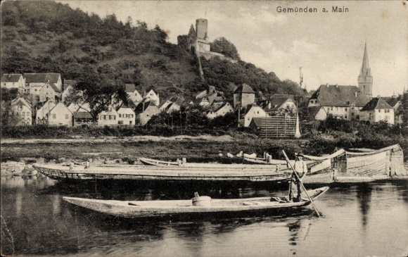 Postcard Gemünden am Main Lower Franconia, general view, boats, man rowing