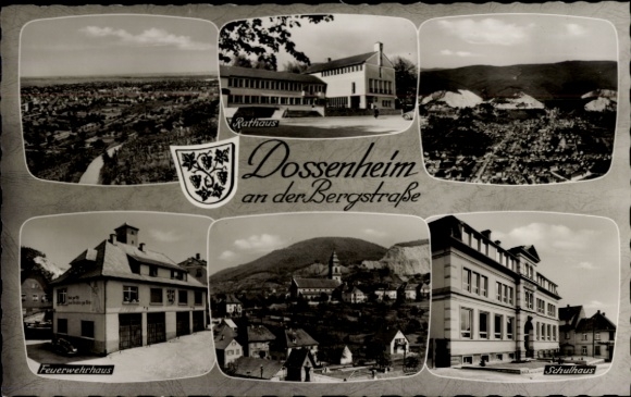 Postcard Dossenheim an der Bergstraße Baden, aerial photograph, fire station, town hall