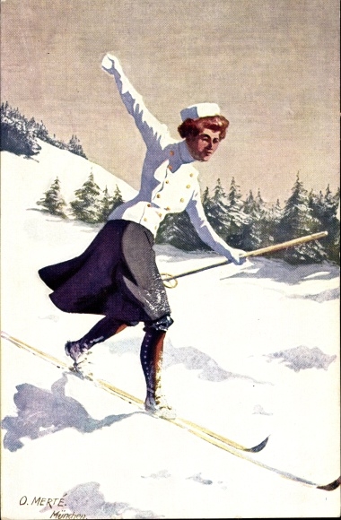 Artist PC Merte, Oskar, woman on skis, winter landscape