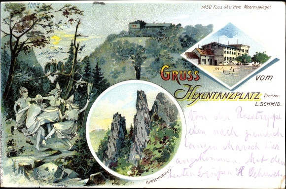 Chromo-Litho Thale im Harz, Hexentanzplatz, Hirschgrund, owner L. Schmid