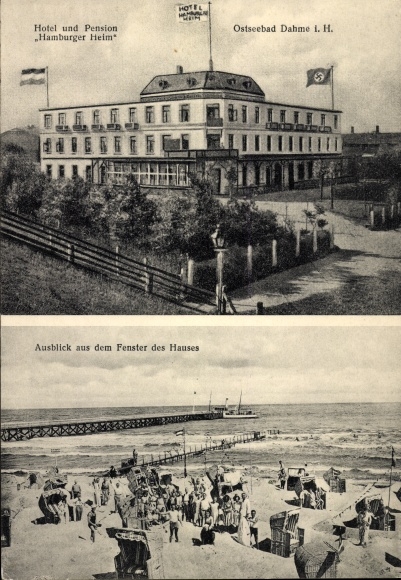 Postcard Baltic resort Dahme in Holstein, Hotel and Pension Hamburger Heim, beach party