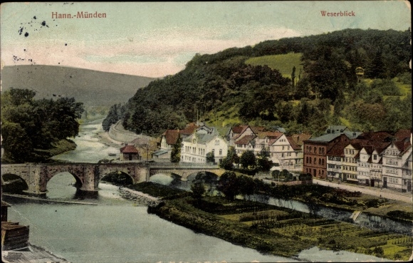 Postcard Hann. Münden in Lower Saxony, Weser view, bridge
