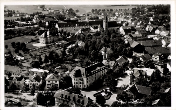 Postcard Bad Wörishofen in Unterallgäu, aerial photograph, Kneippkurhotel Sproll