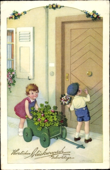 Artist Postcard Baumgarten, Fritz, congratulations birthday, well-wishers, flowers, clover leaves