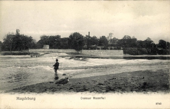 Ak Magdeburg, Krakauer Wasserfall, Angler