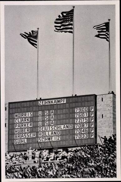 Collection picture Olympics 1936, scoreboard, decathlon, Morris, Clark, Parker, USA