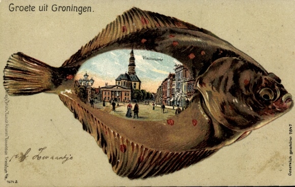 Embossed Chromo-Litho Groningen Netherlands, market, square, passers-by, fish
